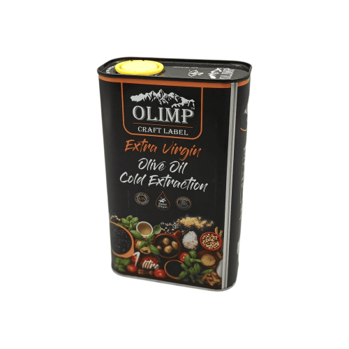 Бутылка оливкового масла Craft Label Extra Virgin объемом 1 литр от греческого бренда OLIMP, с этикеткой, изображающей оливковые ветви.