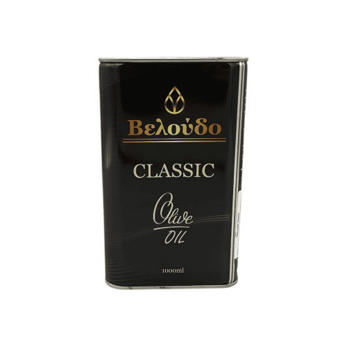 Жестяная банка 1л оливкового масла для жарки рафинированного Veloudo, Греция.