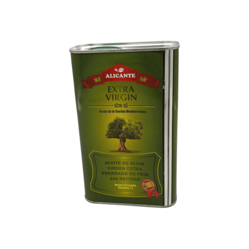 Бутыль оливкового масла extra virgin объемом 5 литров, произведенного в Испании, с этикеткой "Alicante", предназначенного для салатов.
