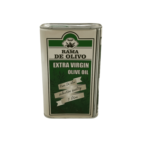 Бутылка оливкового масла Extra Virgin Rama de Oliva объемом 1 л, с этикеткой, указывающей на нерафинированное масло холодного отжима, идеально подходящее для салатов.