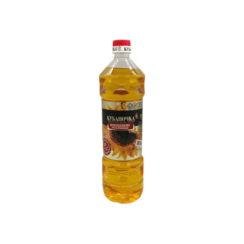 Бутылка 1 л рафинированного подсолнечного масла "Кубаночка" на фоне элементов, символизирующих Алматы, Казахстан.