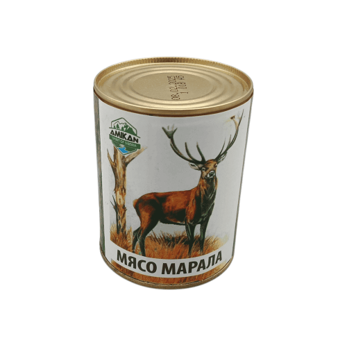 Amikan-ның темір банкадағы 338 г бұғы етінен жасалған, жеуге дайын өнімі.