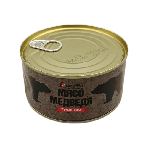 Аюдың бұқтырылған еті 325 г, "ДикоЕд" компаниясынан, темір банкада, дайын жабайы ет деликатесі.
