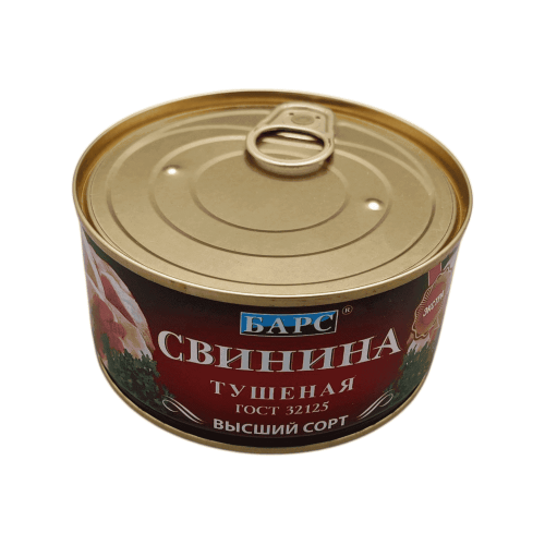 Консервированная тушеная свинина высший сорт 325 г от БАРС в жестяной банке." (99 символов)