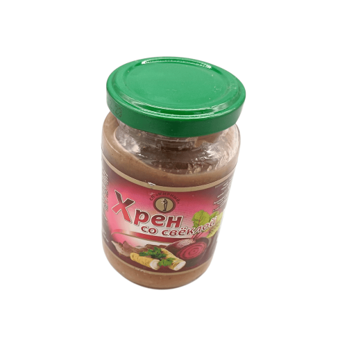 Хрен со свеклой 200 г в стеклянной банке, этикетка "СП Мирный".