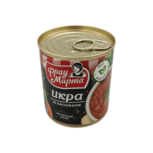 Баночка баклажанной икры 320г "Фрау Марта" на фоне, намекающем на домашнее приготовление. Идеально для Алматы, Казахстан.