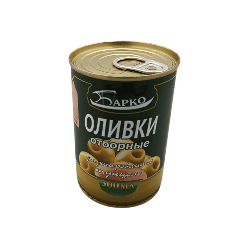 Банка оливок Барко, фаршированных тунцом, 280 гр. На фоне - флаг Казахстана, Алматы.