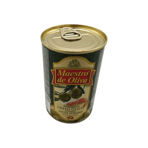 Оливки с креветками Maestro de oliva, 300г. Аппетитная закуска: зеленые оливки, фаршированные сочными креветками, на фоне. Алматы.