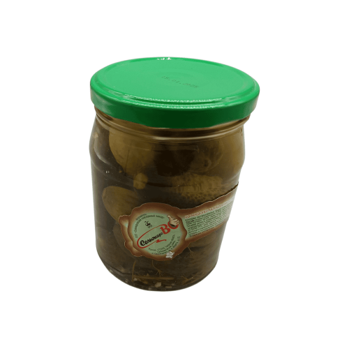 Банка маринованных корнишонов весом 720 г от бренда "Селижарово" с этикеткой.