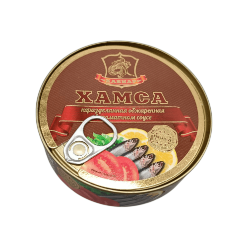 Банка консервированной хамсы (анчоусов) в густом томатном соусе, готовый продукт. Алматы, Казахстан.
