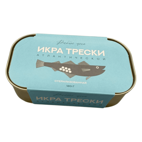 Икра трески атлантической 120г в банке, крупный план, на фоне размытого меню ресторана "Рыбное меню", Алматы.