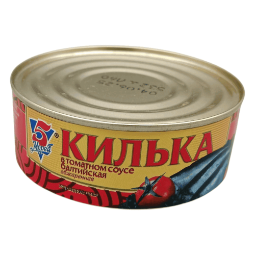 Обжаренная килька в томатном соусе 240г от "5 Морей" – аппетитное консервированное блюдо, идеально для алматинцев.