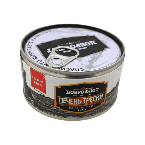 Минтай бауыры Приморский стиль "Доброфлот" банкада 185г, Алматы тұрғындарына арналған тәбетті тағам.