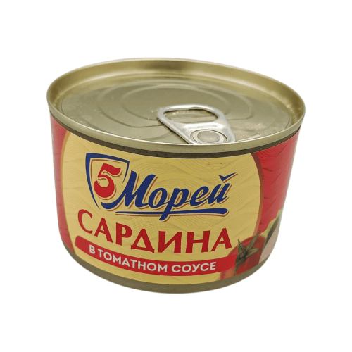 Сардина атлантическая в томатном соусе "5 морей" 250 г – аппетитная банка консервированной рыбы, идеальна для вашего стола в Алматы.